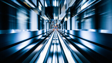 Abstract futuristic tunnel with motion blur effect and blue lights creating a sense of speed and movement