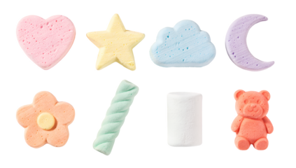 Assorted marshmallow candy set including heart, star, cloud, moon, flower, twist, cylinder, and bear shapes. Sweet confectionery treats for celebration and dessert decoration.