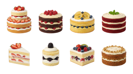 Assorted layer cake set including strawberry, raspberry, blueberry, red velvet, and walnut varieties isolated. Gourmet bakery and dessert collection.