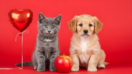 Cute kitten and puppy with heart balloon and apple
