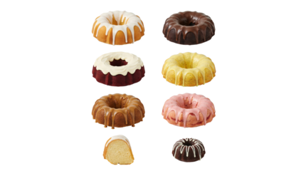 Bundt cake set including chocolate, vanilla, strawberry, lemon, and caramel glaze variants isolated. Assorted dessert and bakery collection.