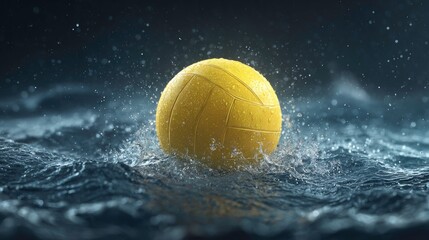 Bright Yellow Ball Splashing in Dark Water with Water Droplets