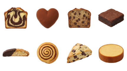 Bakery sweets and pastry set including marble cake, brownie, biscotti, cinnamon roll, scone, and sponge cake isolated. Cafe menu and dessert ingredients.