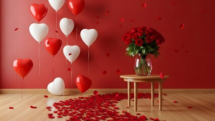 Romantic valentine's day setup with heart balloons and roses