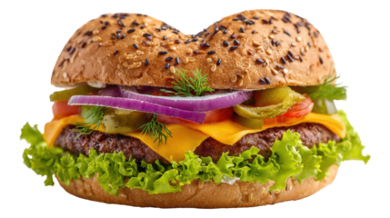 Heart shaped burger with fresh vegetables isolated on png background for food presentation