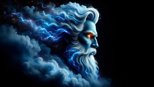 Majestic profile of Zeus emerging from swirling clouds and crackling lightning with glowing eyes