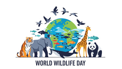 Diverse wildlife animals gather around a vibrant globe, symbolizing global conservation efforts and biodiversity awareness for Earth's precious ecosystems