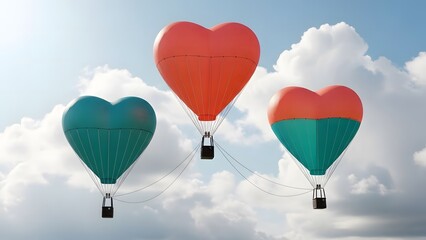 Three heart-shaped hot air balloons floating in the sky