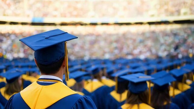 Graduates in caps and gowns sit in a crowded stadium for a ceremony event.