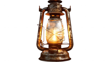 Highly detailed vintage rusty kerosene hurricane lantern with bright glowing wick flame illumination isolated on transparent background