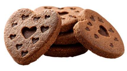 Heart shaped chocolate cookies stack with heart shaped cut outs on transparent back