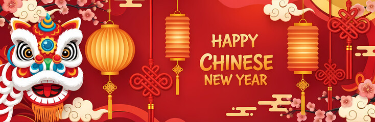 Naklejka premium Colorful Lion dance mask with glowing paper lanterns on festive Chinese New Year banner, showcasing traditional oriental style and ornate red clouds.