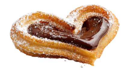Heart shaped churro covered in powdered sugar with chocolate deliciousness bakery