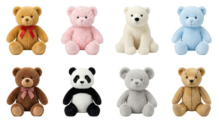 Obraz premium Stuffed teddy bear collection including brown, pink, polar, blue, panda, and stitched vintage styles isolated. Plush toy and nursery gift set.