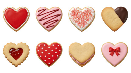 Heart shaped cookie set including iced, sprinkled, jam filled, and chocolate dipped variants isolated. Romantic valentines day treats and sweet bakery collection.