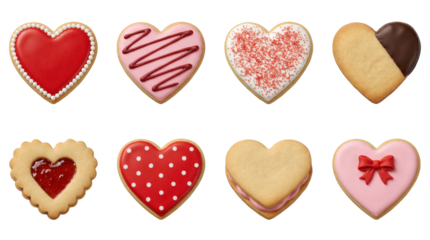 Heart shaped cookie set including iced, sprinkled, jam filled, and chocolate dipped variants isolated. Romantic valentines day treats and sweet bakery collection.