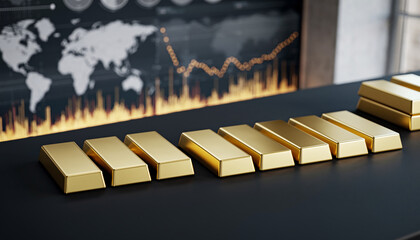 Gold bars arranged on a dark surface with a global financial graph in the background