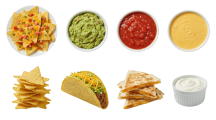 Mexican food appetizers set including nachos, guacamole, salsa, queso dip, corn taco, chicken quesadillas, and sour cream isolated. Restaurant menu and snack collection.