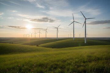 Obraz premium serene landscape with wind turbines on lush green hills at golden hour sunrise 