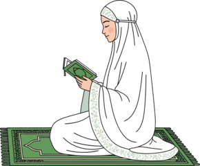 A serene Muslim woman sits on a green prayer mat, deeply engaged in reading the Quran, exuding a sense of peace and devotion.