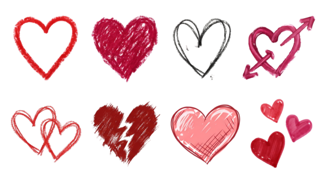 Red heart set including hand drawn, sketchy, broken, and arrow pierced illustrations isolated. Romantic valentine and love design collection. - Powered by Adobe