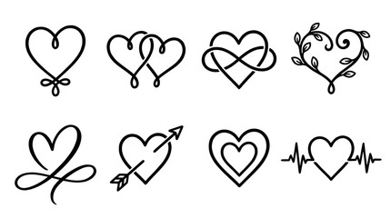 Minimalist black heart symbol set including infinity, arrow, pulse, and floral vine variants isolated. Romantic decorative icon collection.