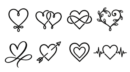 Minimalist black heart symbol set including infinity, arrow, pulse, and floral vine variants isolated. Romantic decorative icon collection.