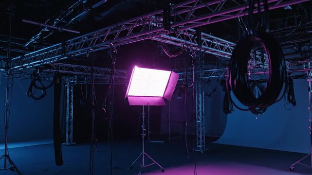 Professional studio interior setup with pink lighting equipment and rigging system.