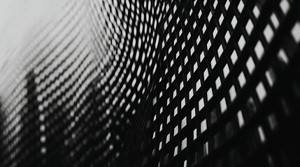 A close-up view of a textured surface with a pattern of squares, showcasing shadows and light in a monochromatic style.