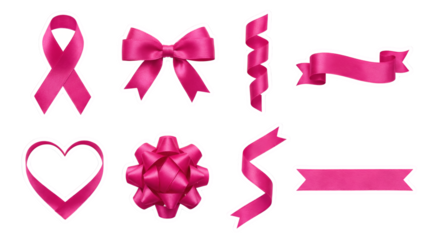 Pink satin ribbon set including breast cancer awareness loop, gift bows, curled streamers, and decorative banners isolated. Stationery and celebratory design elements.