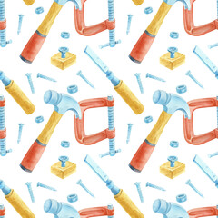 A seamless pattern with construction tools on a gray background: an axe, a screwdriver, a wrench, nails, and a clamp. Hand-drawn watercolor illustration for print, wrapping paper, and fabric.