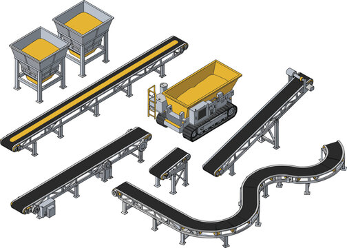 Isometric industrial conveyor system illustration, mining aggregate processing equipment belts hoppers machinery isolated white background factory production line