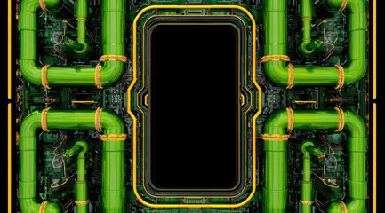 Futuristic Green Pipes and Wires Forming a Complex Industrial Tech Background