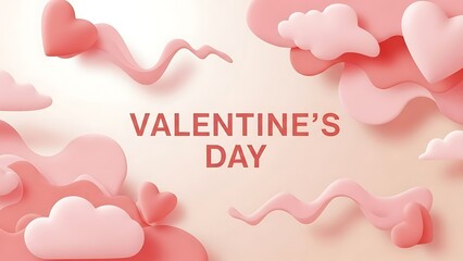 Elegant Valentine's Day backdrop with soft pink hearts and flowing 3D abstract shapes, perfect for romantic greetings and loving celebrations