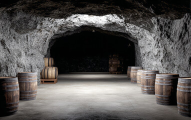 Wooden barrels arranged in a stone cellar with natural light coming from above during the day