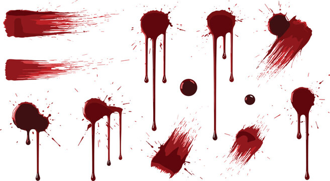 Red paint splatter drip collection, grunge blood stains texture, abstract horror splash illustration isolated white background