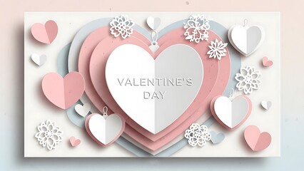 Elegant paper cut style hearts and decorative elements for a romantic valentine's day celebration background, perfect for greeting cards and festive designs