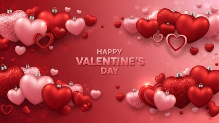 Happy Valentine's Day with a Romantic and Luxurious Red Background Filled with Assorted Heart Shapes
