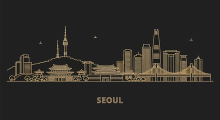 Gold line illustration of Seoul city skyline at night on black background with white space
