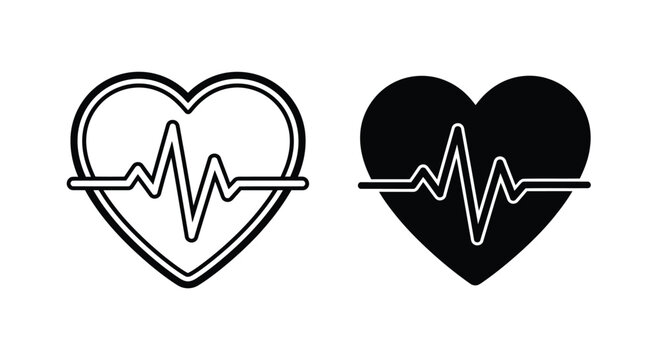Two black and white heart icons with an ECG line on a plain white background in a graphic illustration.