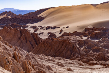 Bizarre rock formations and sand dunes in Moon Valley Atacama Desert Chile
