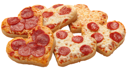 Heart shaped homemade mini pizzas with pepperoni on transparent background shot