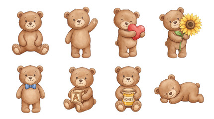 Cute watercolor teddy bear set including sitting, waving, hugging heart, holding flower, and sleeping poses. Nursery and baby shower illustration collection. © MDNANNU
