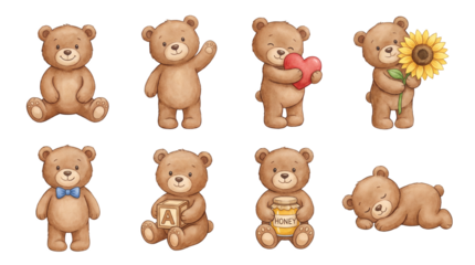Cute watercolor teddy bear set including sitting, waving, hugging heart, holding flower, and sleeping poses. Nursery and baby shower illustration collection.