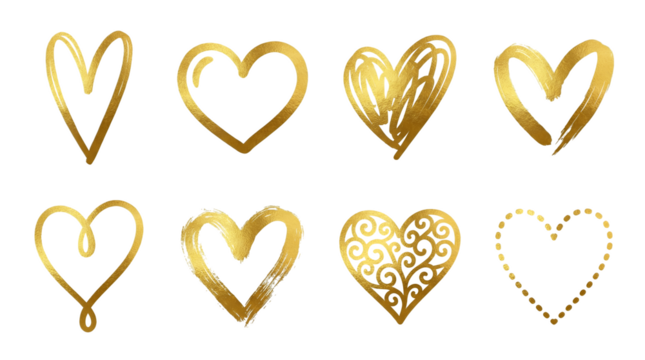 Gold heart set including hand drawn, brush stroke, filigree, and dotted styles isolated. Decorative romantic elements for wedding and valentine design. - Powered by Adobe