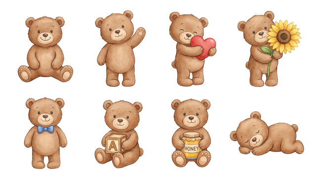 Cute watercolor teddy bear set including sitting, waving, hugging heart, holding flower, and sleeping poses. Nursery and baby shower illustration collection.