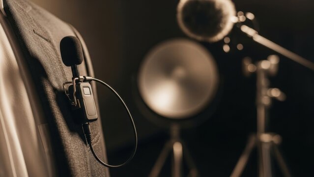 Clip on lapel microphone attached to suit jacket in professional studio, broadcast audio gear for interviews, voice recording, podcasting and live presentations

