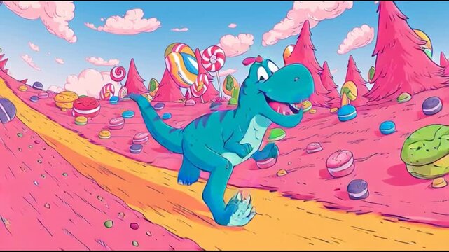 Cartoon dinosaur in a sweet landscape illustration