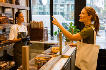 Client choosing bread at bakery counter with shop assistant serving
