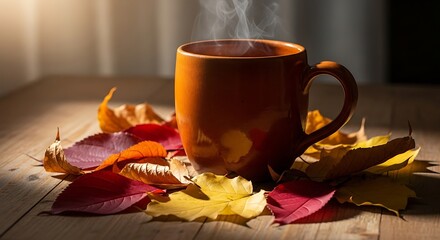 Steaming coffee mug amidst colorful autumn leaves on wooden surface